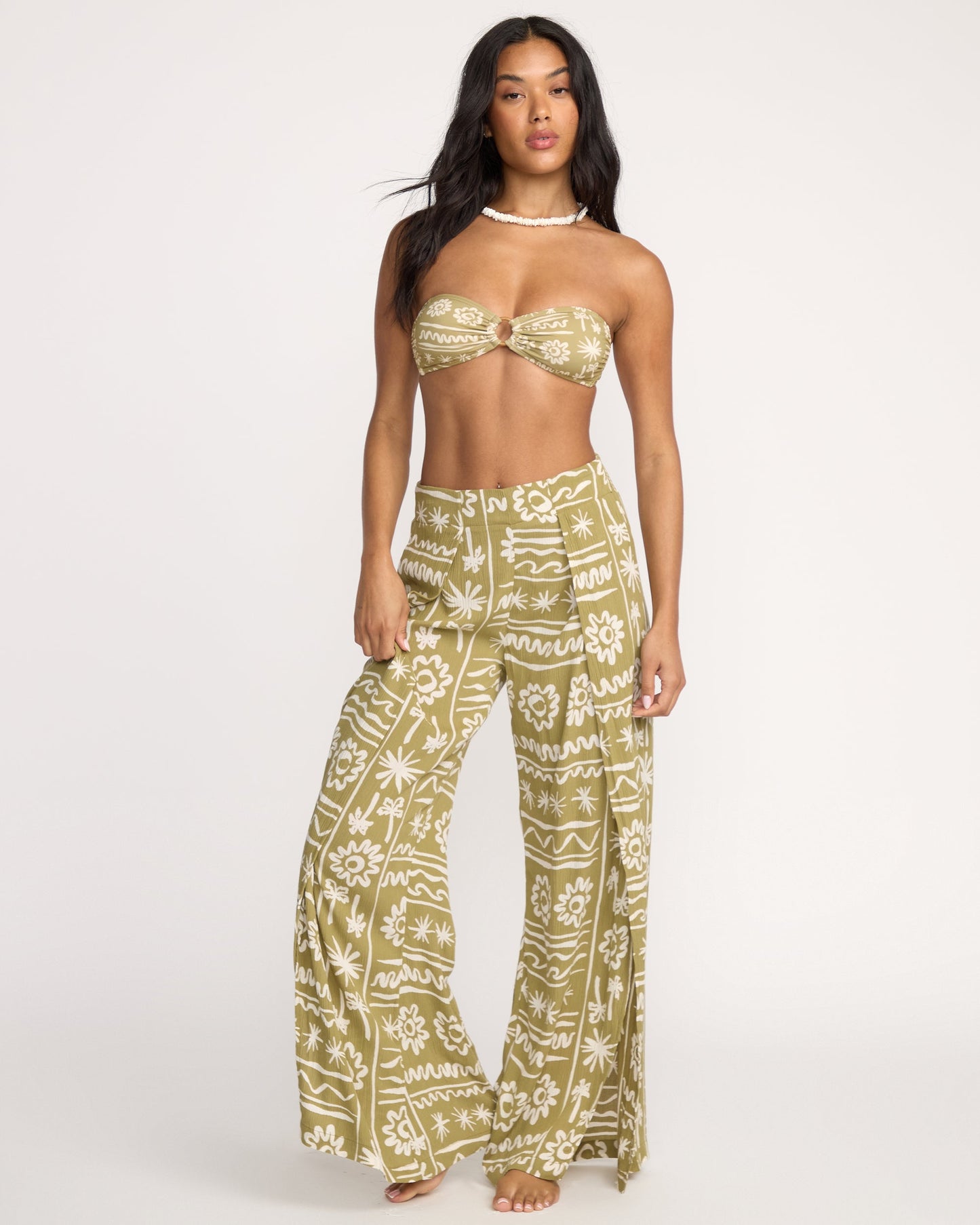 Split Spirit Elastic Waist Pants - Green Tea