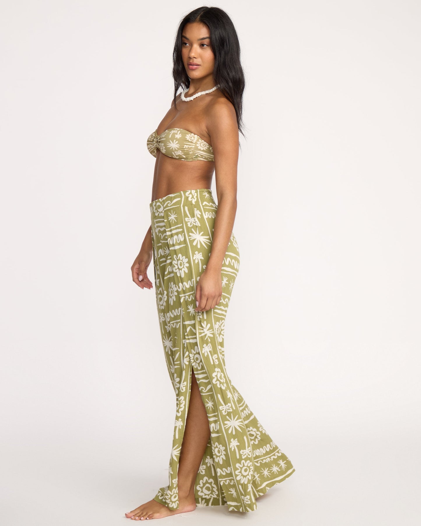 Split Spirit Elastic Waist Pants - Green Tea